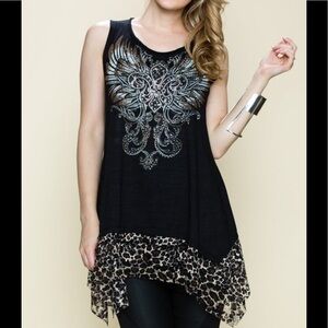 Vocal Leopard Lace Hem Tunic Top, Medium